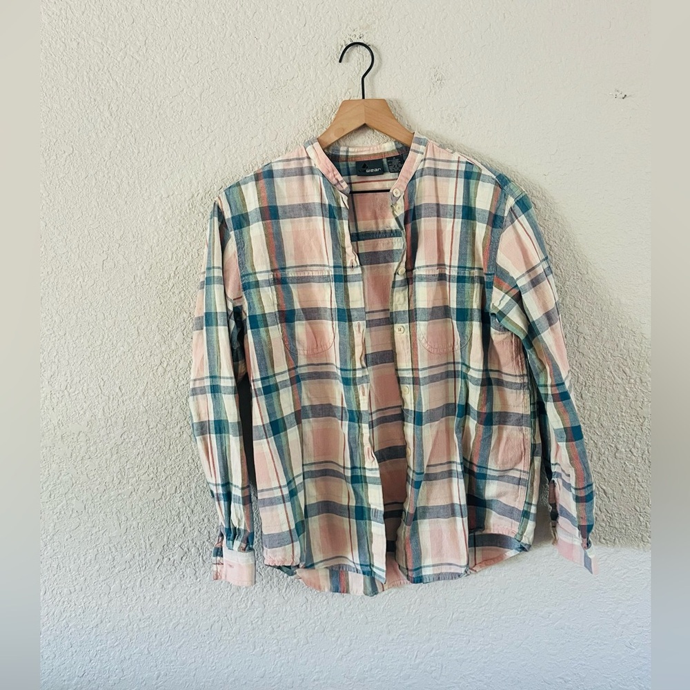 Vintage Lizwear Pink Blue & Cream Plaid Flannel Button Up Shirt